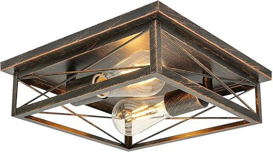 Farmhouse Ceiling Light Fixture - Industrial Square Modern Black Flush Mount Ceiling Light for Kitchen, Hallway, Bedroom, Balcony, Porch, Stairway, E26 (1 Pack - Black Gold, 12 Inch)