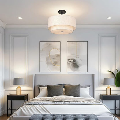FRIDEKO HOME Ceiling Light Fixture-15.7 inch Light Fixtures Ceiling Mount with 2-Layer Fabric Shade Drum Light Fixture for Bedroom Living Room Kitchen Foyer Hallway