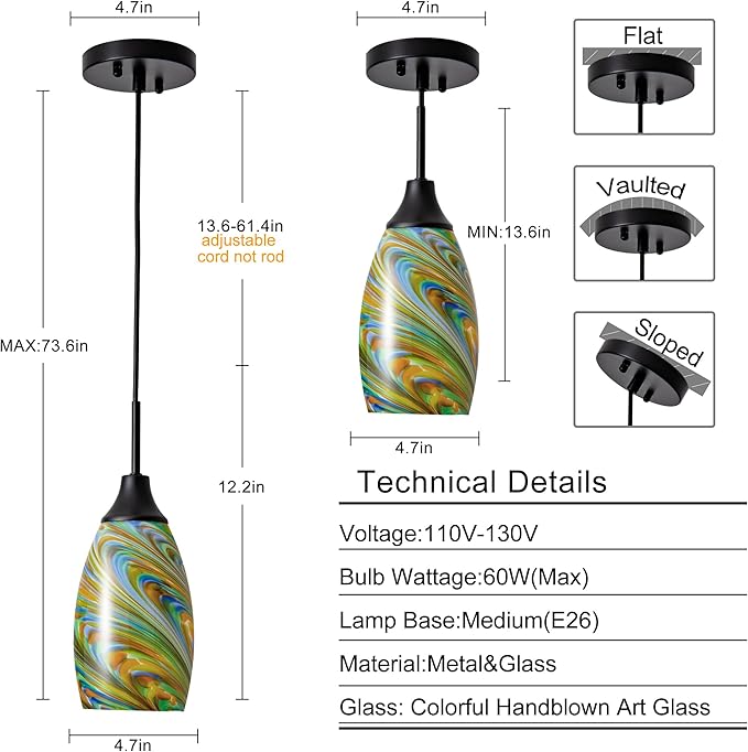 Viinew Mini Glass Pendant Light 4.72" Oval Pendant Lights 3-Pack Handblown Colorful Art Glass Hanging Pendant Light for Kitchen Island Dining Room Living Foyer Hallway Entry Matte Black Metal