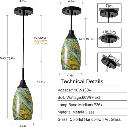 Viinew Mini Glass Pendant Light 4.72" Oval Pendant Lights 3-Pack Handblown Colorful Art Glass Hanging Pendant Light for Kitchen Island Dining Room Living Foyer Hallway Entry Matte Black Metal