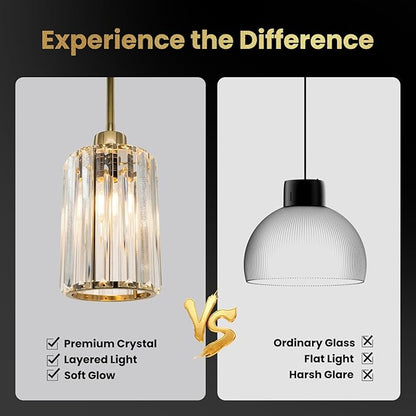 3-Pack Gold Crystal Pendant Lights for Kitchen Island, Adjustable Modern Hanging Light Fixtures for Flat or Sloped Ceiling, E26 Mini Pendant Lights with Crystal Glass Shade for Dining Room Bar