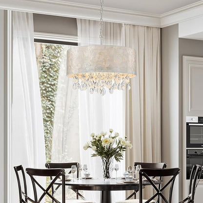 LumFurn 4-Light Drum Capiz Shell Crystal Chandeliers, Coastal Style Pendant Light Fixture for Dining Room, Living Room, D18 x 21~68"(Adjustable), Shell Lampshade & Chrome Finish