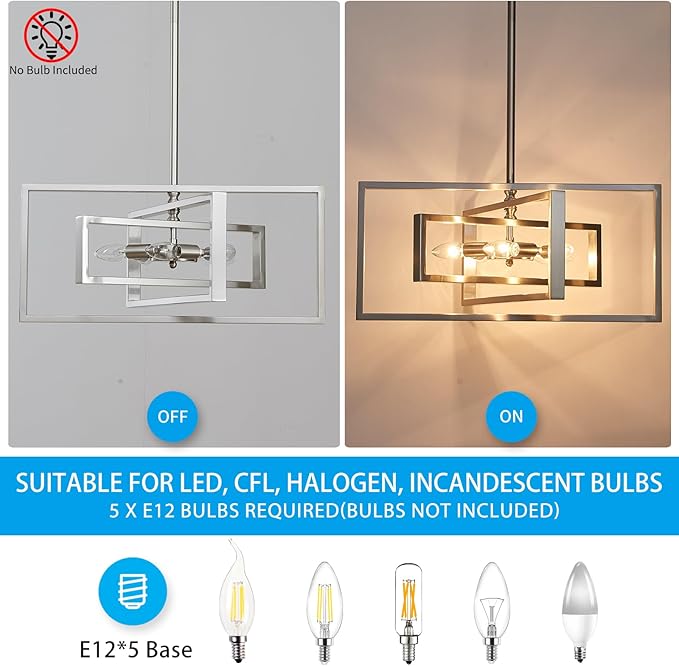XINGQI Brushed Nickel Chandelier 22" Modern Pendant Light Fixture Ceiling 5-Lights Large Geometric Chandeliers for Dining Room Living Room Kitchen Island Bedroom