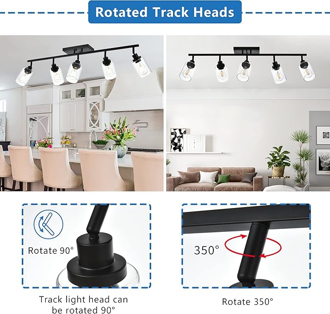 MELUCEE 5 Light Vanity Lights for Bathroom with Rotatable Light Head, Black Ceiling Light Fixture with Clear Glass Shade, Modern Spotlight Track Lighting Kit for Hallway Porch Foyer Bath, 37 Inch