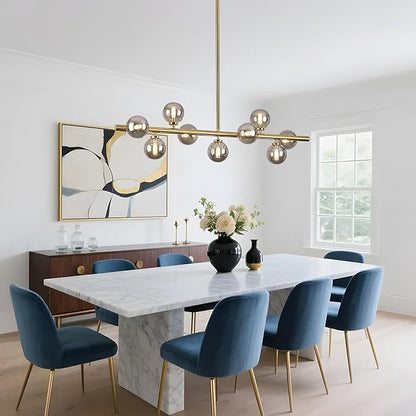Mid Century Modern Globe Sputnik Chandelier, 9-Light Linear Chandeliers for Dining Room and Kitchen Island, Dining Light Fixture Over Table, Brass Gold and Smoke Grey Glass Bubble, 40 Inch
