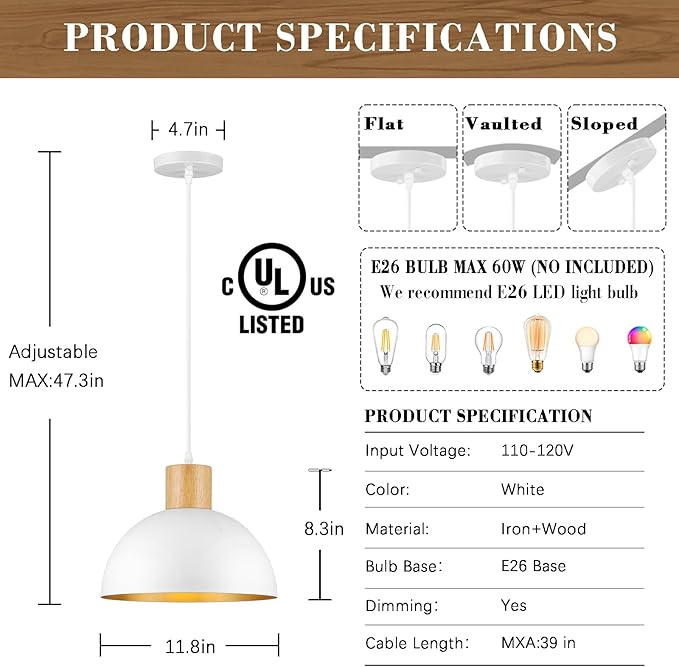 White Pendant Light, 11.8" Wood Dome Pendant Lights Fixtures Adjustable Modern Hanging Lighting, for Kitchen Island Dining Room Farmhouse Sink Bar Restaurant