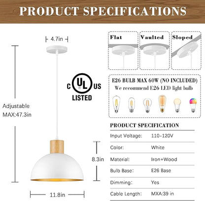 White Pendant Light, 11.8" Wood Dome Pendant Lights Fixtures Adjustable Modern Hanging Lighting, for Kitchen Island Dining Room Farmhouse Sink Bar Restaurant