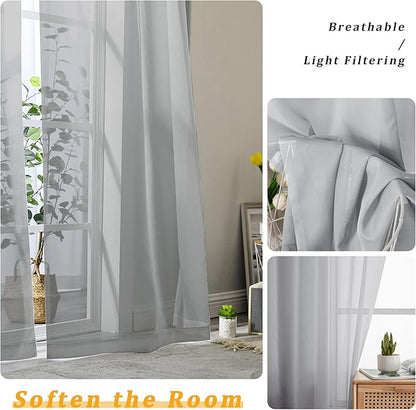 Gwine Light Grey Sheer Curtains 30 Inch Length, Short Light Filtering Voile Small Cafe Kitchen Curtains with Rod Pocket, Short Curtain for Bathroom Window, 42x30 Inch, 2PCS