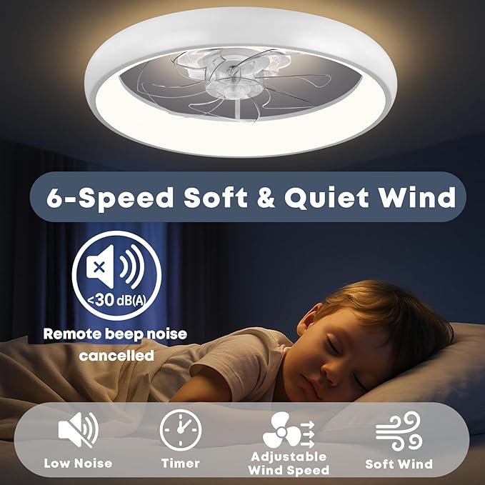 Fszdorj 20'' Ceiling Fan with Light, Upgraded Low Profile Fan, Flush Mount Ceiling Fan, 6 Speeds, Dimmable LED, App & Remote Control, Quiet DC Motor, for Bedroom, Living Room, F109 White