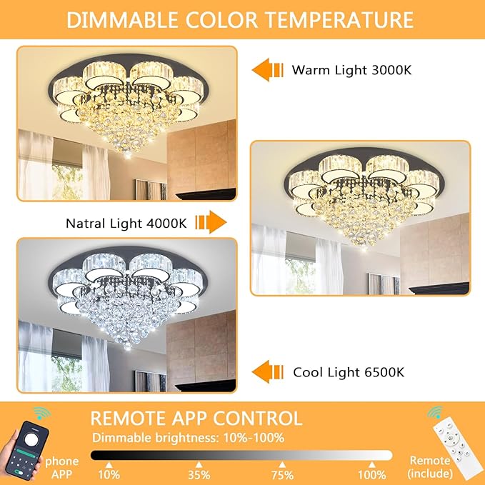 31.4" Black Modern Crystal Chandeliers for Dining Room LED Dimmable Light Fixtures Flush Mount Light Living Room Bedrooms