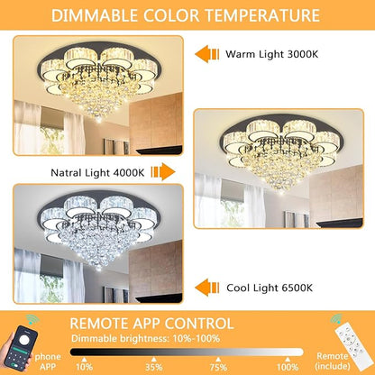 31.4" Black Modern Crystal Chandeliers for Dining Room LED Dimmable Light Fixtures Flush Mount Light Living Room Bedrooms