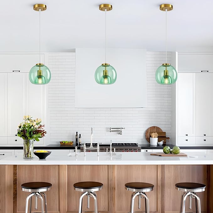 Light Green Glass Pendant Lights Kitchen Island Gold Hanging Light Fixture Glass Globe Pendant Light Modern Pendant Lighting for Kitchen Island Bedroom Dining Room (7.87", 3 Pack)
