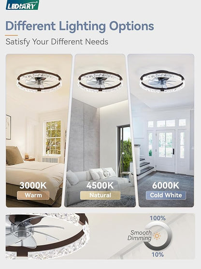 LEDIARY 2 Pack 20 Inch Ceiling Fans with Lights and Remote, Fandelier Modern Low Profile Ceiling Fan, 3000K-6000K Dimmable LED Fan Light, Brown Flush Mount Ceiling Fans with Lights for Bedroom