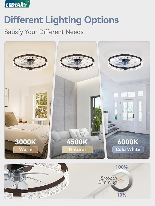 LEDIARY 20 Inch Low Profile Ceiling Fans with Lights and Remote, Fandelier Ceiling Fan Flush Mount, 3000K-6000K Dimmable LED Fan Light, Brown Modern Ceiling Fans with Lights for Bedroom