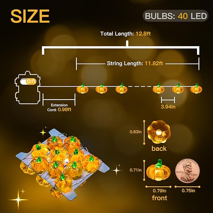 suddus 3D Pumpkin Lights,12.8ft 40 LED Fall Lights Battery Operated with Remote& 8 Modes & Timer, Waterproof Thanksgiving Decorations for Indoor Outdoor Home,Party,Harvest,Hallowee,Thanksgiving Décor