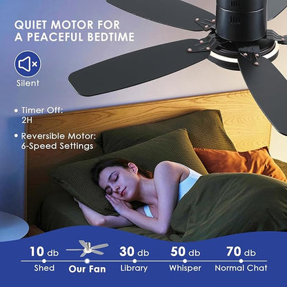 Hounberi 50 Inch Low Profile Ceiling Fans with Lights and Remote, Modern Flush Mount Black Ceiling Fan, 3CCT, Dimmable, Quiet DC Reversible Motor, for Bedroom Living Room Indoor/Outdoor Use