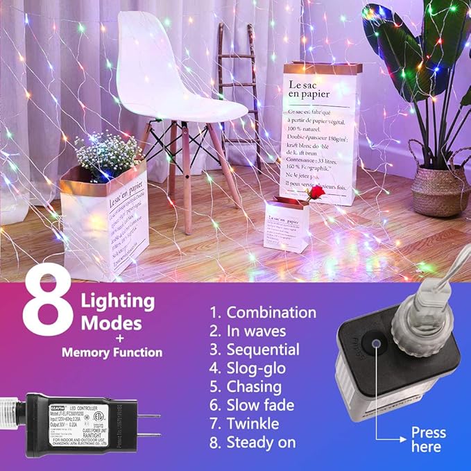 LYHOPE 12ft x 5ft 360 LED Christmas Net Lights, 8 Modes Low Voltage Mesh Christmas Decorative Lights for Xmas Trees, Bushes, Wedding, Garden, Outdoor, Indoor Decor (Multi-Color)