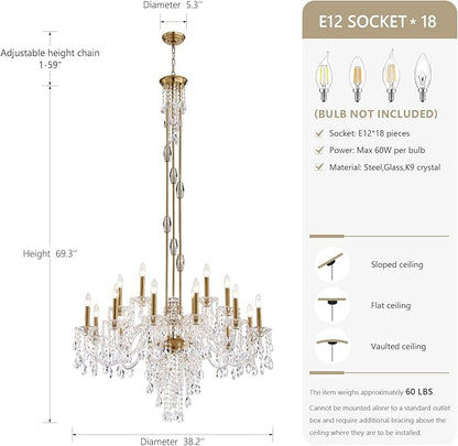 18-Light Crystal Candle Chandelier, Brass Gold Chandelier for Foyer, Staircase & High Ceiling Living Room, Adjustable Height, E12 Base