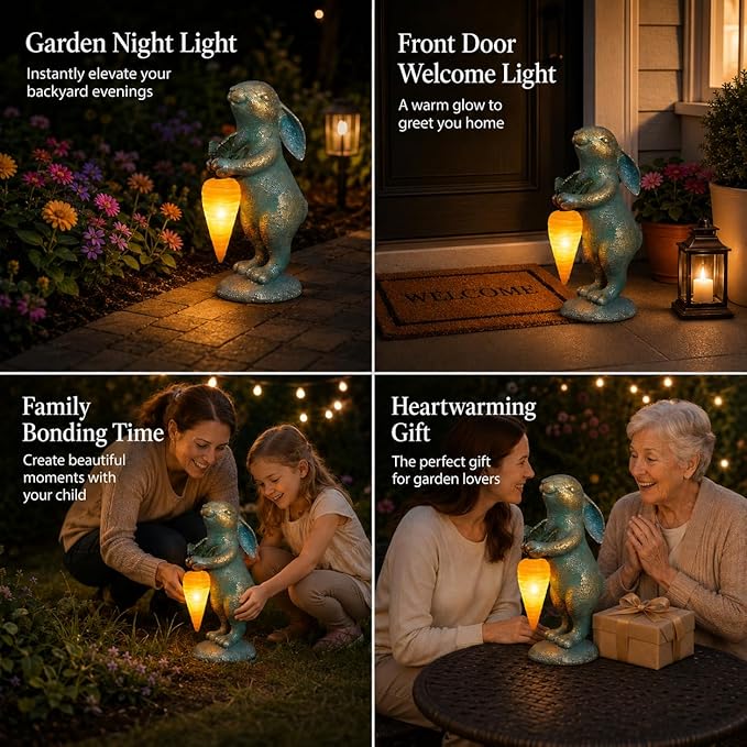 PETAFLOP Cute Garden Decor Bunny Statue with Solar Carrot, Outdoor Rabbit Figurines for Patio Balcony Lawn Porch Yard Decorations, Birthday Housewarming Gifts for Women Mom Grandma