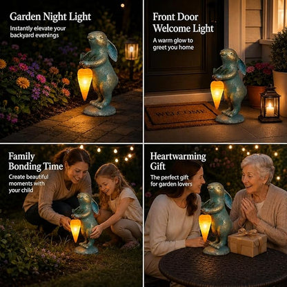 PETAFLOP Cute Garden Decor Bunny Statue with Solar Carrot, Outdoor Rabbit Figurines for Patio Balcony Lawn Porch Yard Decorations, Birthday Housewarming Gifts for Women Mom Grandma