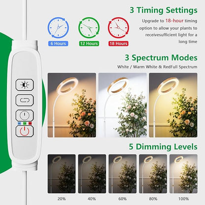 Dual Head Grow Light for Indoor Plants Full Spectrum-Floor Standing Plant Lamp with Auto Timer 6/12/18H, 5-Level Dimmable & Adjustable Height 16.5-68in for Large Tall Plants | Faux Wood Design