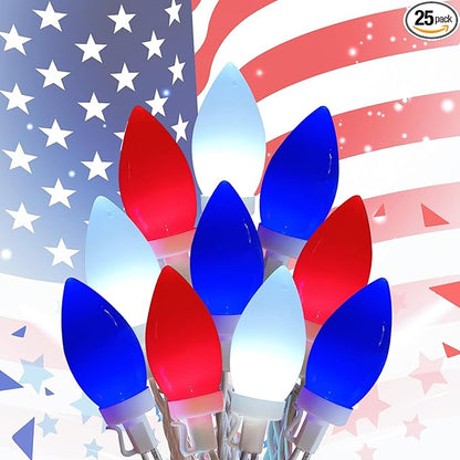 C9 Red White and Blue Lights for Fourth of July Decorations, 25Ft LED Patriotic Light 25 Shatterproof Christmas Light, Plug in 4th of July Decorations Lights for Party Memorial Day Independence Day