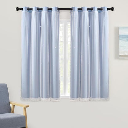 XiDi Light Blue Blackout Curtains for Girls Kids Bedroom Living Room 45 Inches Long 2 Panels Star Curtains Boys Room Darkening Thermal Insulated Drapes Grommet Noise Reduction Window Treatments 52x45