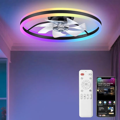 Ceiling Fans with Lights and Remote, 20" Low Profile Ceiling Fan, Dimmable Modern Flush Mount LED Fan Light, 6 Wind Speeds, Black Fandelier Ceiling Fans for Bedroom (Multicolor)