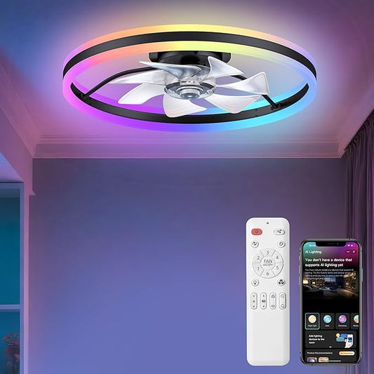 Ceiling Fans with Lights and Remote, 20" Low Profile Ceiling Fan, Dimmable Modern Flush Mount LED Fan Light, 6 Wind Speeds, Black Fandelier Ceiling Fans for Bedroom (Multicolor)