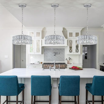 Chrome Crystal Chandeliers, 3 Pack Modern Semi Flush Mount Ceiling Light, 4-Ligh Small Round Crystal Hanging Pendant Light Fixtures,D12” for Kitchen Dining Room Entryway Hallway