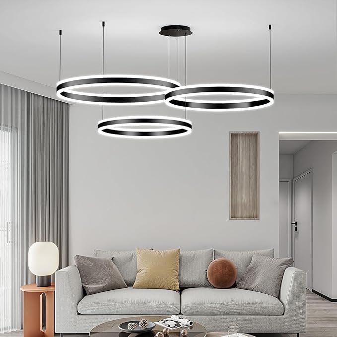 Mikeru Modern 3 Ring Chandelier Light, LED Pendant Light Fixtures with Remote Control 3000k-6500K Adjustable Color Temperature Light for Living Room, Bedroom, Kitchen（15.7+23.6+31.5IN）