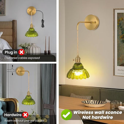 Vintage Wall Sconce Set of Two, Battery Operated Wall Sconces with Green Glass Lampshade, Wireless Wall Sconces with Remote, Rechargeable Wireless RGB Wall Lights for Bedroom Living Room etc