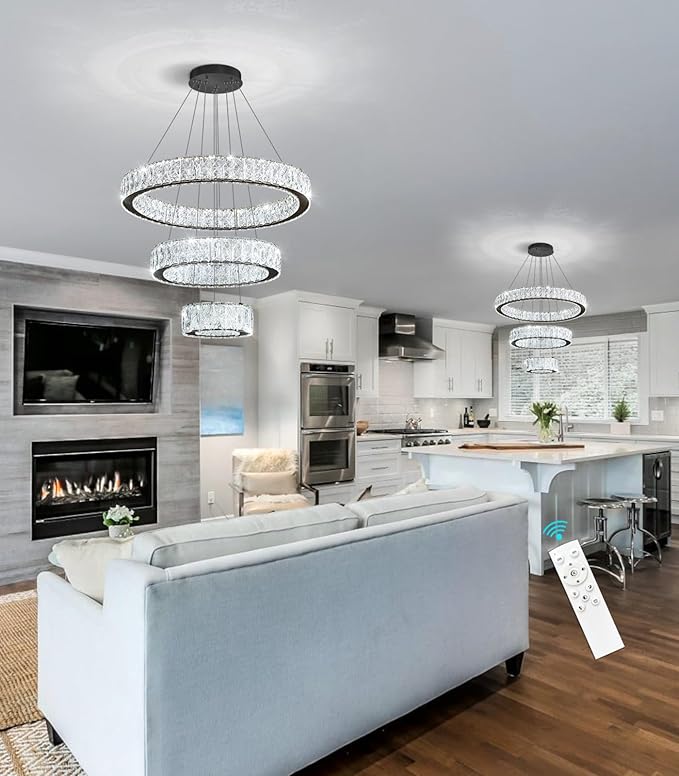 Modern Crystal Chandelier 36W Dimmable LED Ceiling Light Fixture with Remote Luxury Adjustable Pendant Light for Living Room Dining Room Black