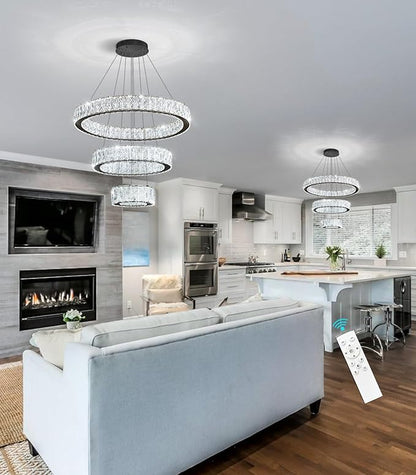 Modern Crystal Chandelier 36W Dimmable LED Ceiling Light Fixture with Remote Luxury Adjustable Pendant Light for Living Room Dining Room Black