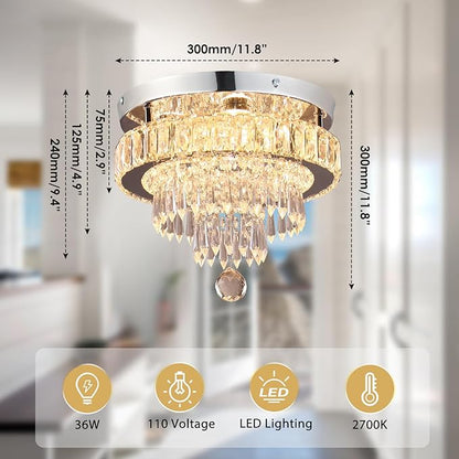 Crystal Chandeliers 11.8" Modern Crystal Light Fixtures LED Flush Mount Chandelier Ceiling Light Chandeliers for Bedrooms Living Room Dining Room Chrome (Warm White)