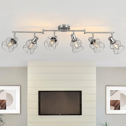 WILON Track Lighting Fixtures, 6-Light Brushed Nickel Flush Mount Track Light Ceiling, 6 Way Spot Light Kitchen Light Fixtures Directional Ceiling Spotlight for Kitchen Hallway Living Room