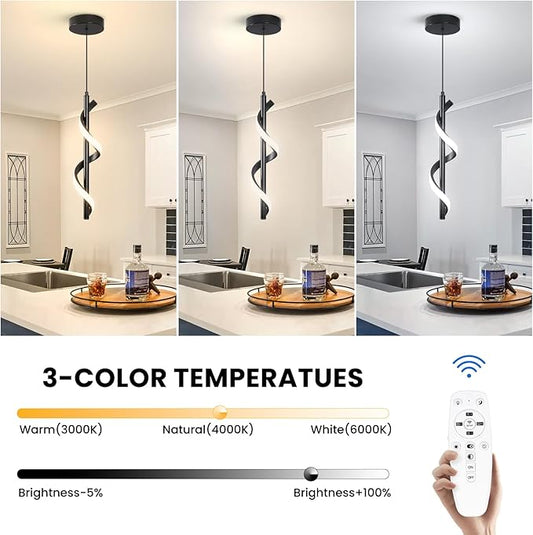 CANEOE Modern Spiral Led Pendant Light Fixture, 3000K-6000K Dimmable Modern LED Hanging Lamp, Adjustable Hanging Island Light Fixture for Bedroom Living Room Kitchen Sink, 1 Pack (Black)