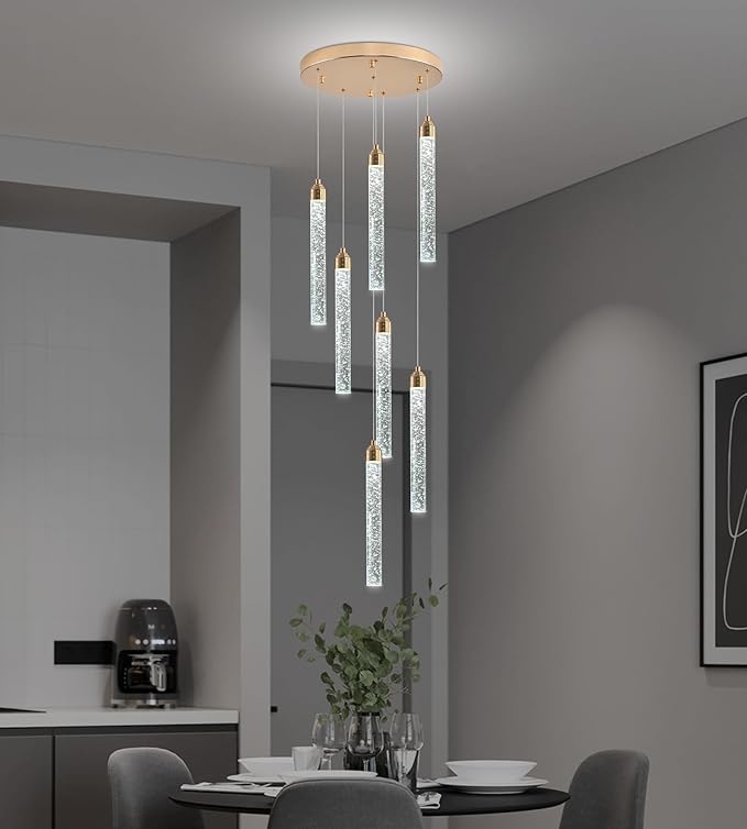 Crystal Staircase Chandelier, Modern Gold Spiral Dimmable LED Cluster Raindrop Foyer Chandelier Lighting, Bubble Living Room Hanging Light Fixture 7 Light Remote Control