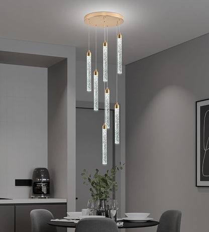 Crystal Staircase Chandelier, Modern Gold Spiral Dimmable LED Cluster Raindrop Foyer Chandelier Lighting, Bubble Living Room Hanging Light Fixture 7 Light Remote Control