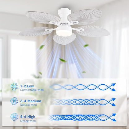 52inch Palm Leaf Ceiling Fans with Light Outdoor Tropical Ceiling Fans with Remote Timer Hand Carved 5 Blades DC Reversible Noiseless motor 6 Speeds Low Profile for Patios Living room Bedroom