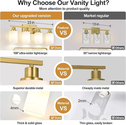 Indoi 4-Light Bathroom Light Fixtures, Brushed Gold Vanity Lights with Milk Glass Shades, Modern Bathroom Wall Lamp for Mirror Living Room Bedroom Porch