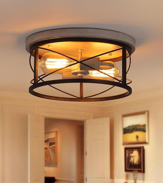 Q&S Flush Mount Ceiling Light Fixture Farmhouse Rustic Oak White and ORB Lighting for Hallway Entryway Kitchen Dining Room Bedroom Garage Gazebo Locker 2 Lights UL Listed