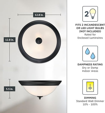 Designers Fountain Flush Mount Ceiling Light, 2-Pack, 13 Inch Frosted Glass Lighting Fixture for Kitchen, Bedroom, Bathroom, and Hallway, LED Bulbs Not Included, Matte Black
