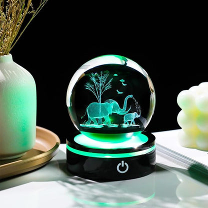 YWHL 3D Elephant Figurine Crystal Ball with Colorful Light Base, Glass Elephant Gifts for Women Mom on Birthday Christmas, Laser Engraved Elephants Statue Sphere Decor for Home Office(80mm)