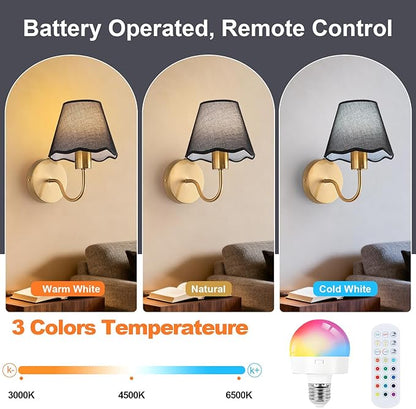 ADISUN Battery Operated Wall Sconce Set of 2, Gold Wall Lamps Rechargeable Bulbs for Living Room, Black Rattan Shade, Wireless Wall Lights for Bedroom Living Room Hallway Kitchen(2 Bulbs Included)