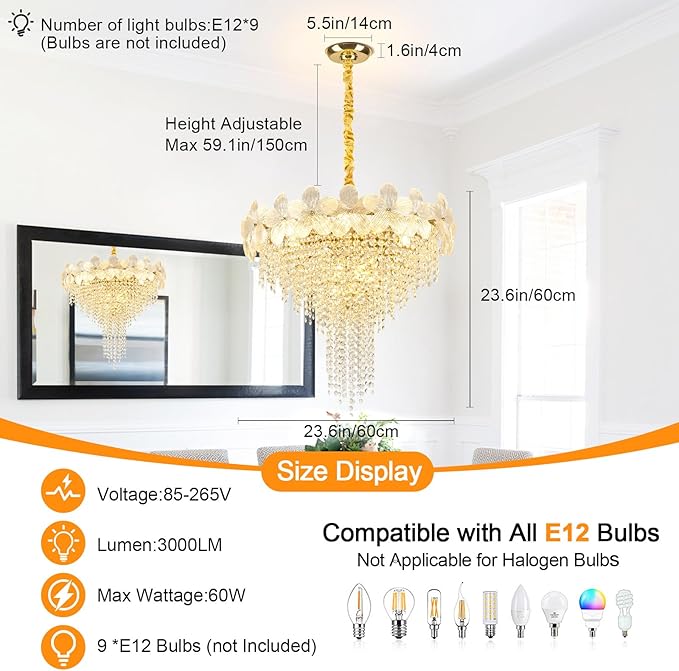 Gold Crystal Chandelier, 23.6" Luxury Flower Round Contemporary Chandeliers, 9-Light Adjustable Height Ceiling Fixture Elegant Modern Chandelier for Dining Room, Living Room, Staircase