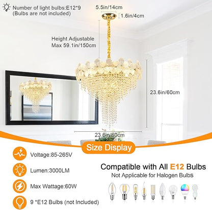 Gold Crystal Chandelier, 23.6" Luxury Flower Round Contemporary Chandeliers, 9-Light Adjustable Height Ceiling Fixture Elegant Modern Chandelier for Dining Room, Living Room, Staircase