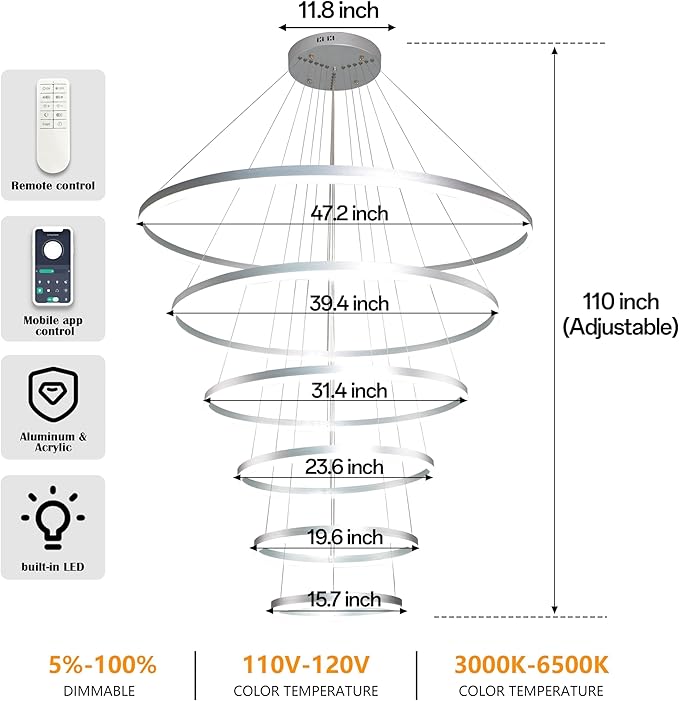 6 Rings Pendant Lights 47.2'' Modern Height Adjustable Chandeliers Sliver Led Chandelier Dimmable Sliver Chandelier Led Pendant Light for Dining Room Bedroom Living Room(3000K-6000K)