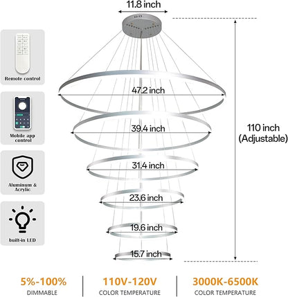 6 Rings Pendant Lights 47.2'' Modern Height Adjustable Chandeliers Sliver Led Chandelier Dimmable Sliver Chandelier Led Pendant Light for Dining Room Bedroom Living Room(3000K-6000K)