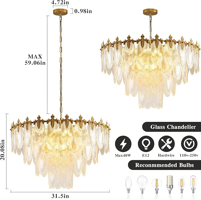 KELUOLY Modern Large Crystal Chandelier, 4-Layer Gold Glass Chandelier, 12 Light Round Antique Ceiling Pendant Light, 31.5 Inchs Adjustable Height for Foyer, Living Room, Bedroom, Dining Room